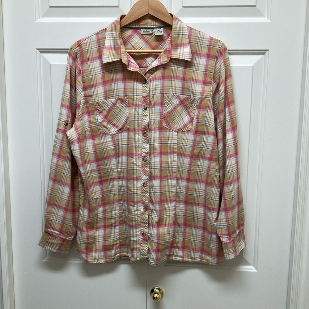 L.L. Bean button down shirt, long sleeve, cotton plaid Shacket, pink & gold, L